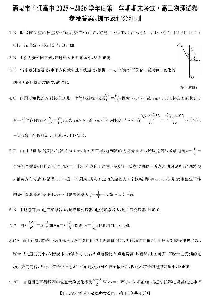 酒泉市普通高中2025~2026学年度第一学期期末考试物理答案第1页