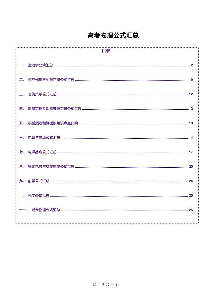 高考物理公式汇总（共26页）知识清单第1页
