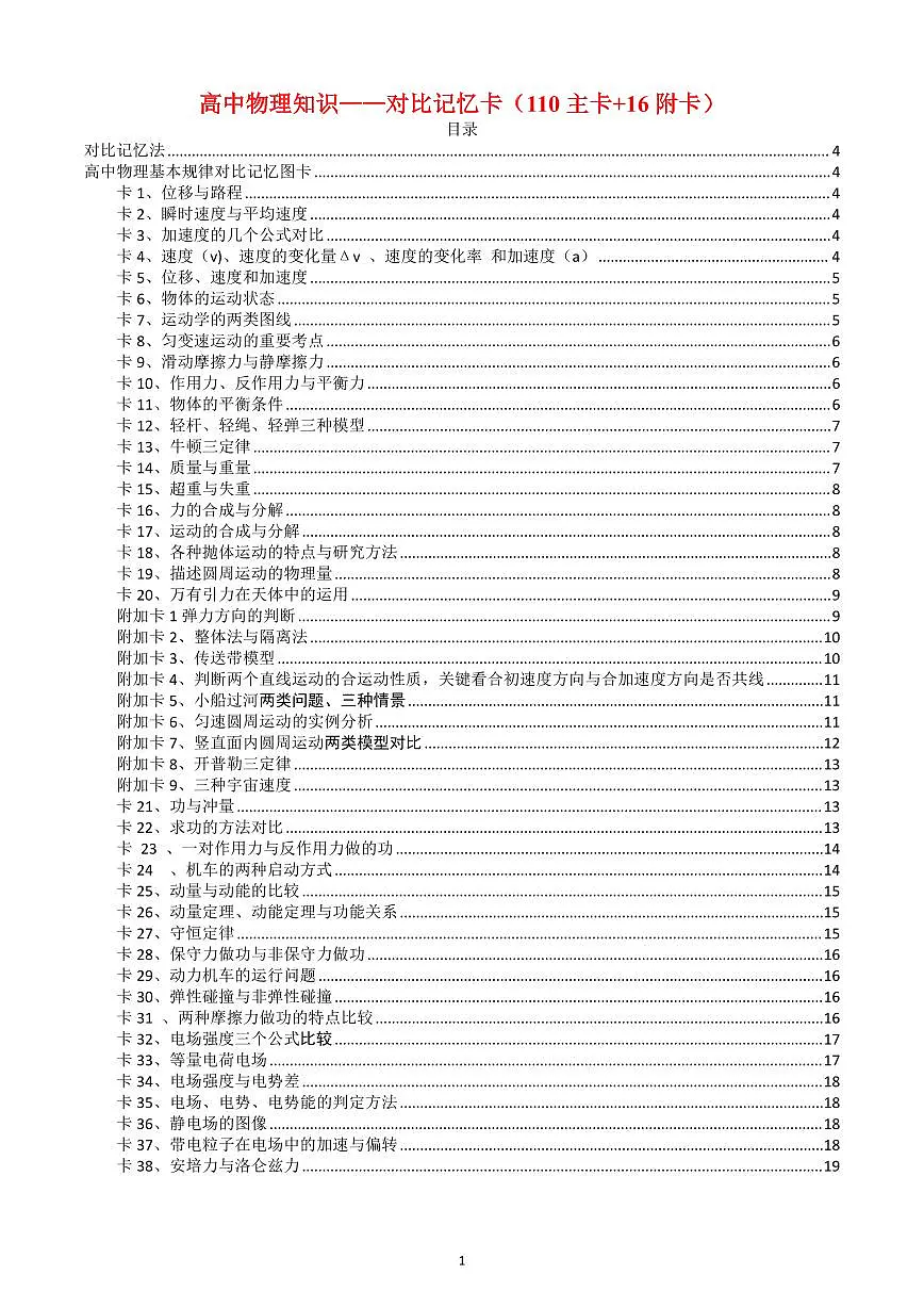 高中物理知识对比记忆卡（110主卡+16附卡）（共41页）知识清单第1页
