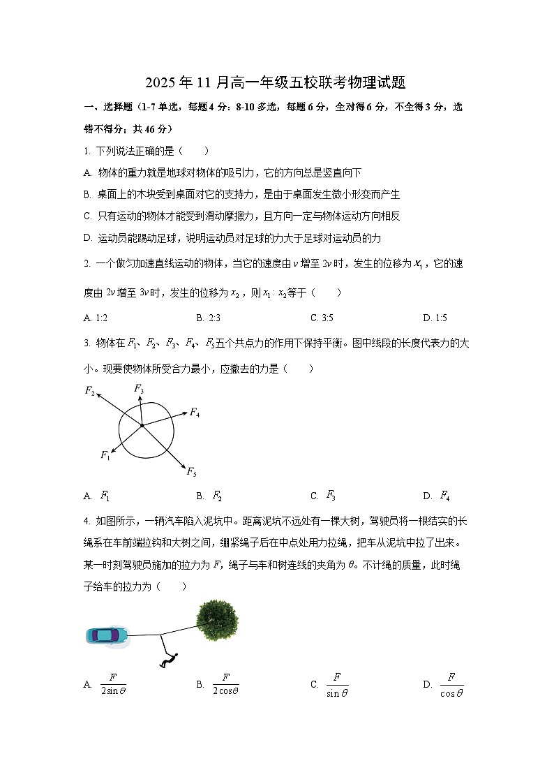 2025-2026学年广西玉林市博白县中学、北流高中等五校高一上学期11月联考物理试卷（学生版）第1页