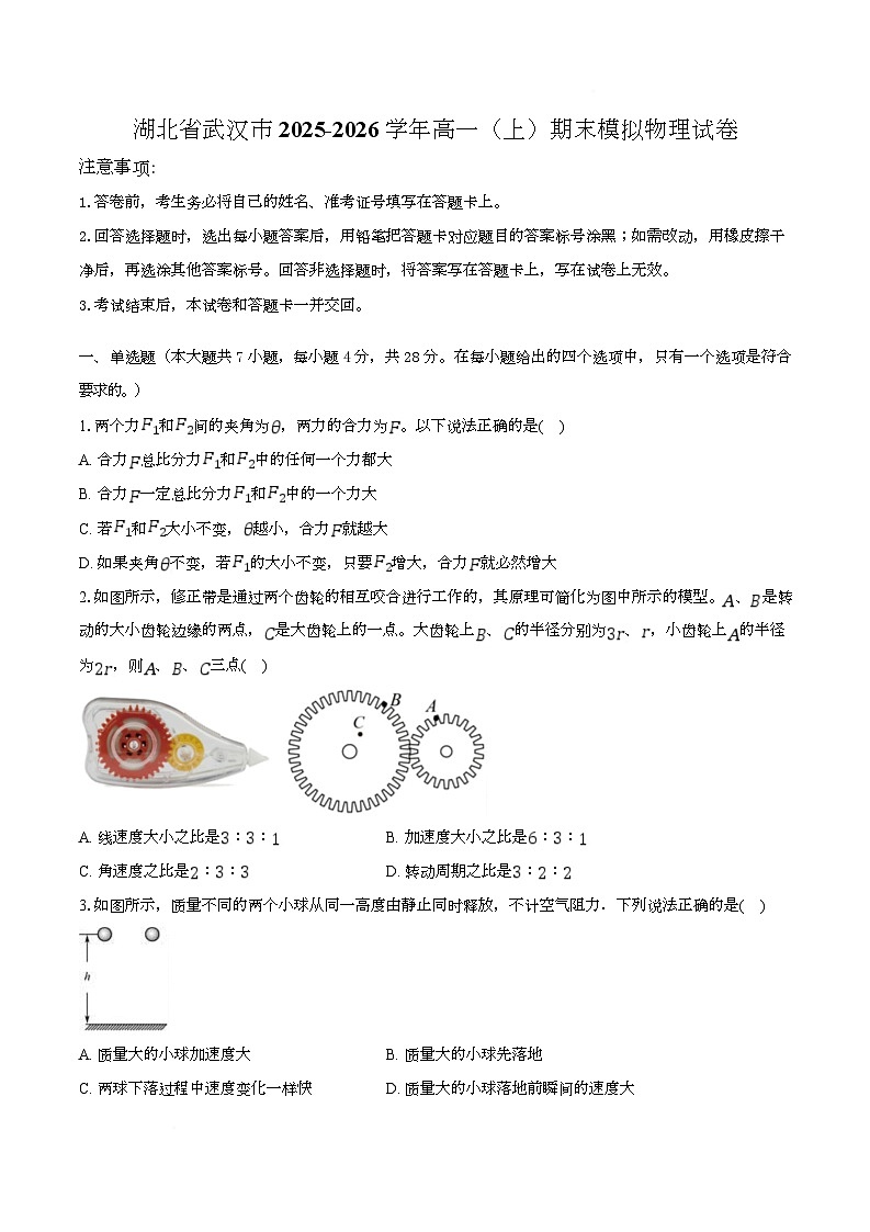 湖北省武汉市2025-2026学年高一上学期期末模拟物理试卷（Word版附解析）第1页