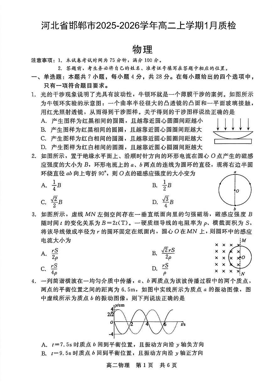 河北省邯郸市2025-2026学年高二上学期1月质检考试 物理（PDF图片版）（含答案）第1页