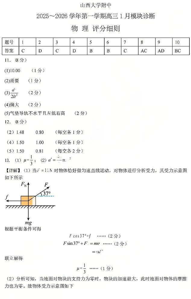 物理答案 山西大学附中25-26学年高三1月考第1页