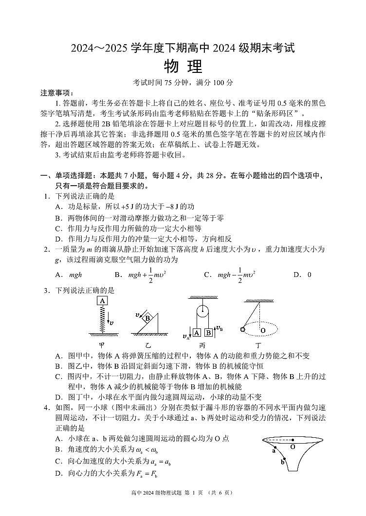 四川省成都市蓉城名校联盟2024-2025学年高一下学期期末考试物理试卷（无答案）第1页