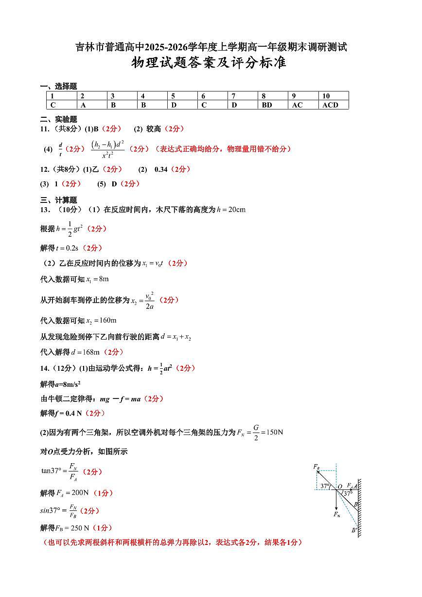 2025高一上期末物理答案及评分标准第1页