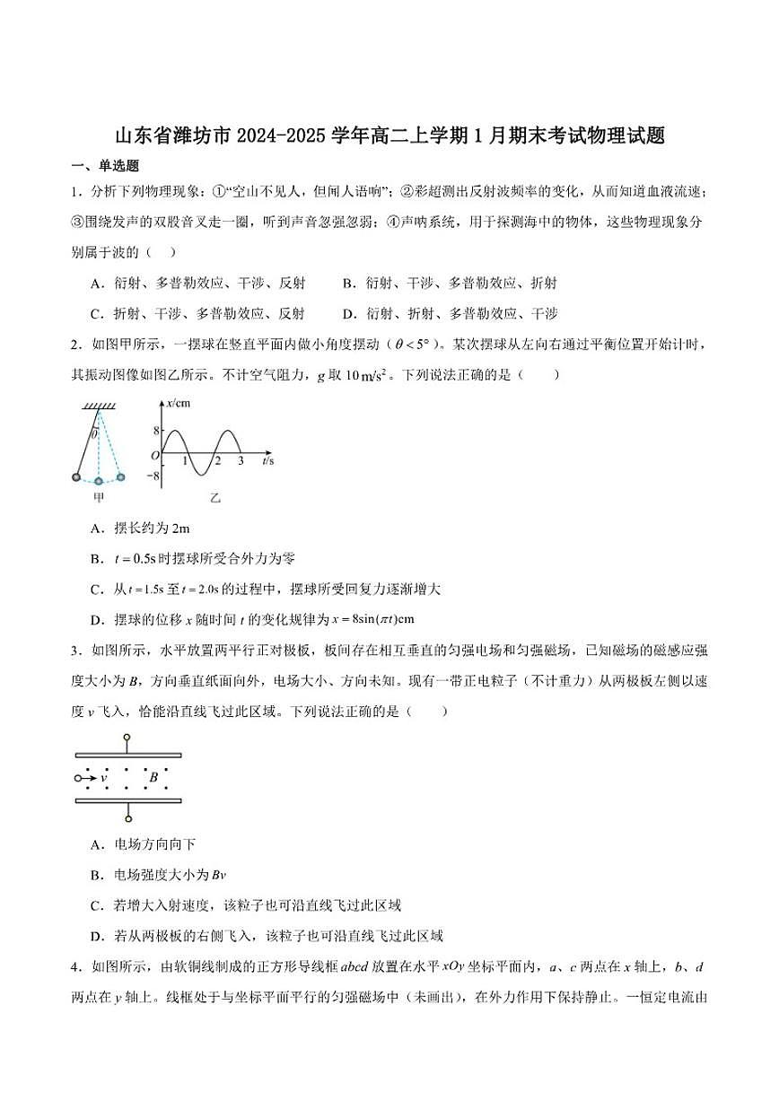 2024-2025学年山东省潍坊市高二上学期期末考试物理试卷（有解析）第1页