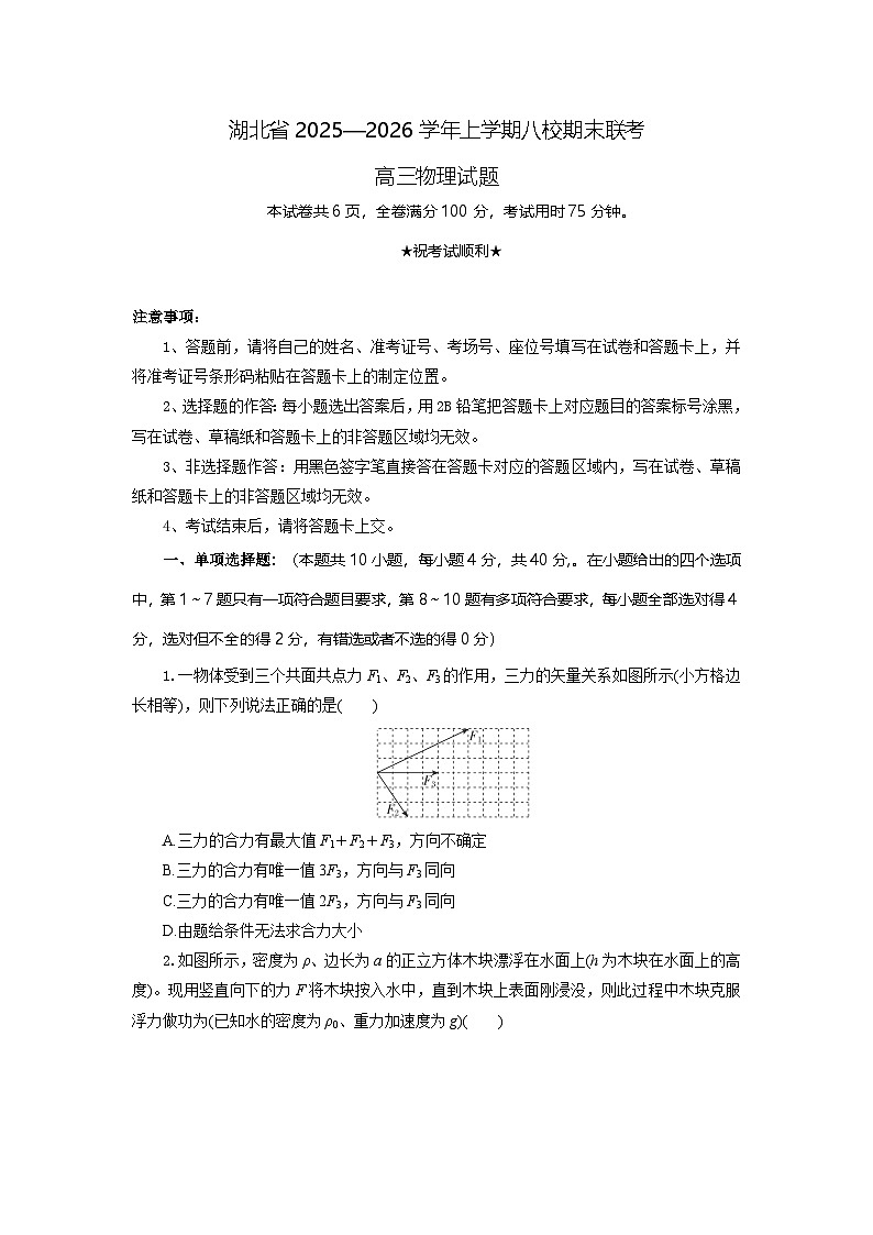湖北省八校联考2025-2026学年高三上学期1月期末物理试题考试版第1页