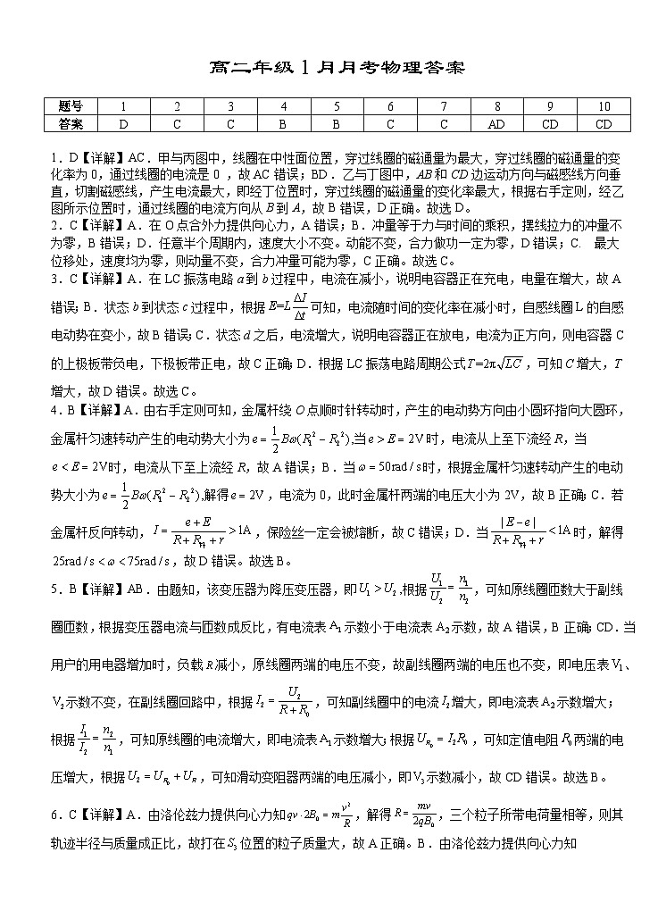 湖北省沙市中学2025-2026学年高二上学期1月月考物理试题答案第1页