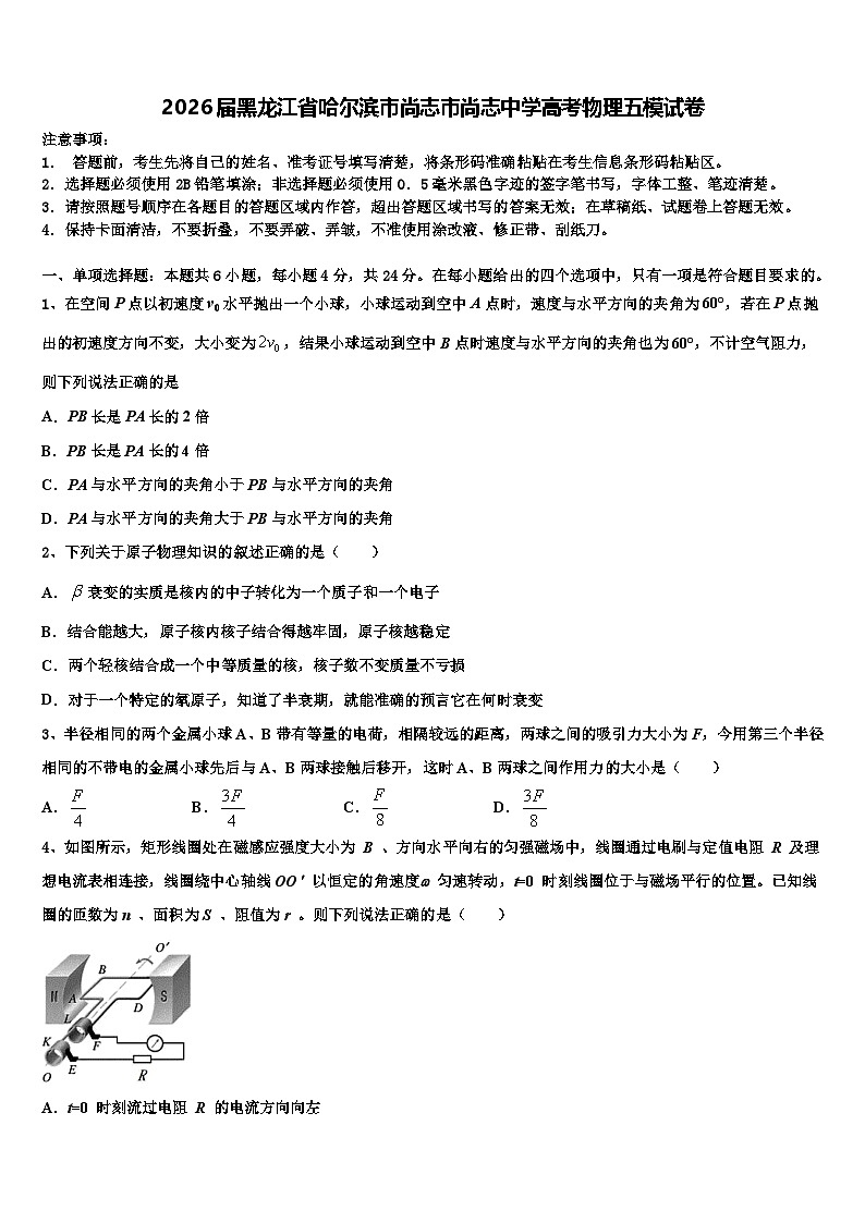 2026届黑龙江省哈尔滨市尚志市尚志中学高考物理五模试卷含解析第1页