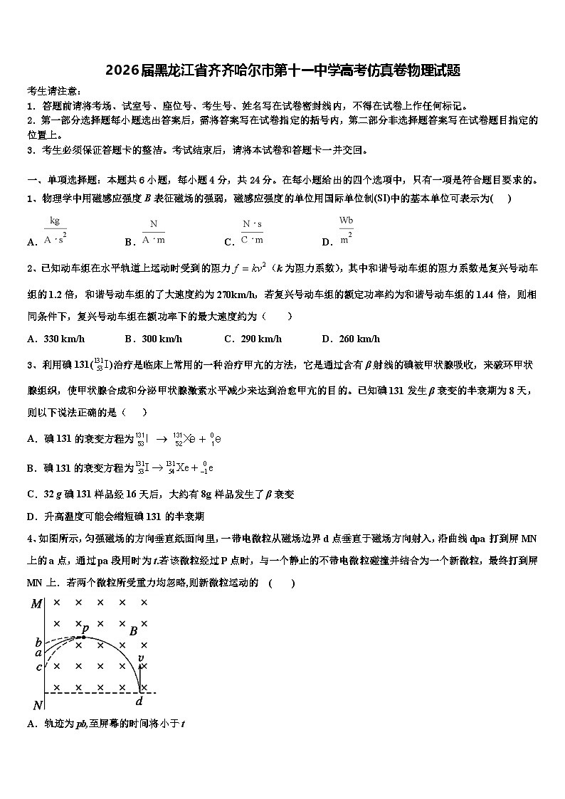2026届黑龙江省齐齐哈尔市第十一中学高考仿真卷物理试题含解析第1页