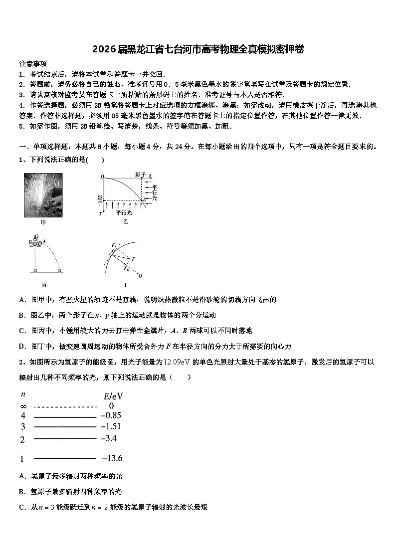 2026届黑龙江省七台河市高考物理全真模拟密押卷含解析第1页