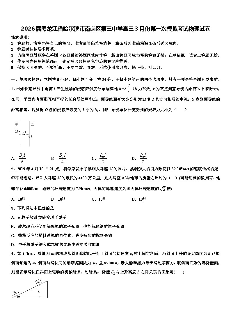 2026届黑龙江省哈尔滨市南岗区第三中学高三3月份第一次模拟考试物理试卷含解析第1页