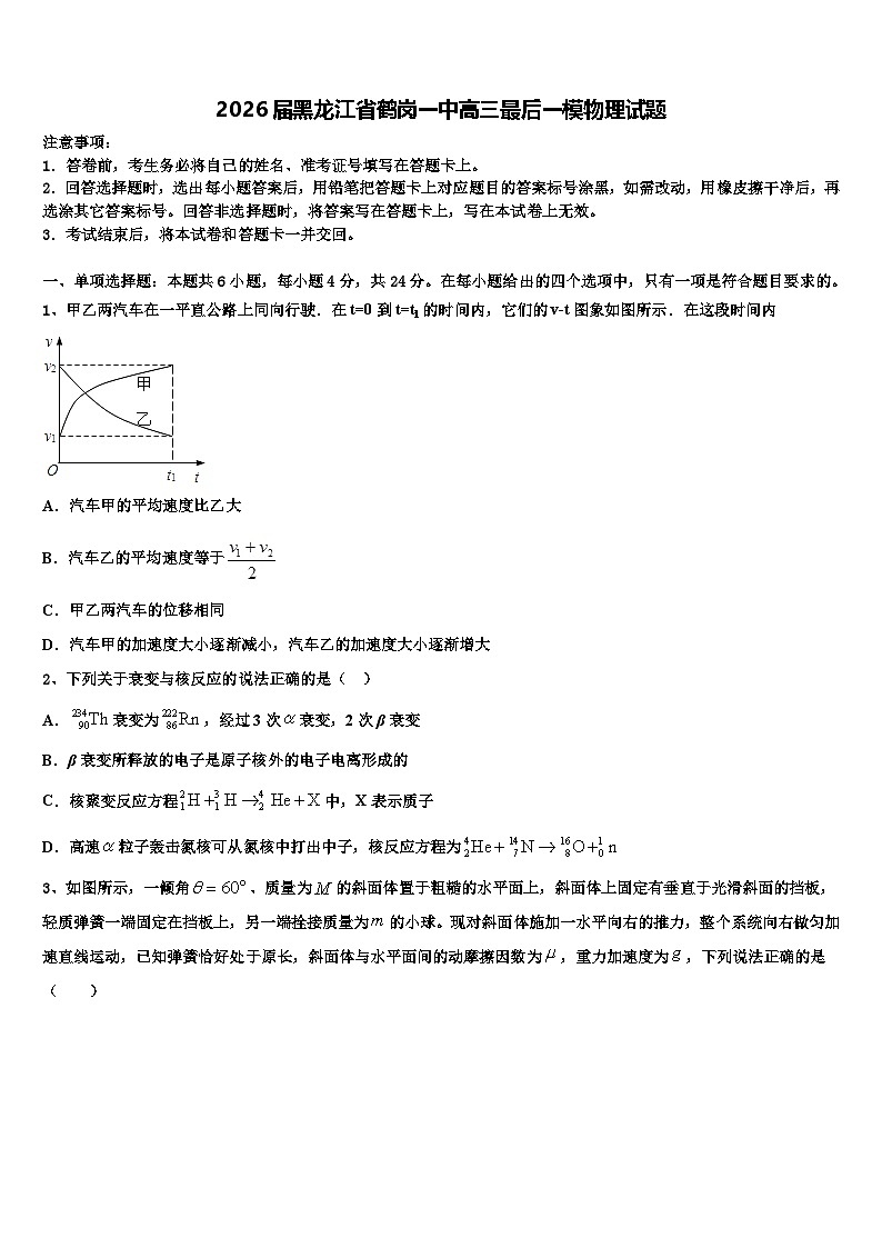 2026届黑龙江省鹤岗一中高三最后一模物理试题含解析第1页