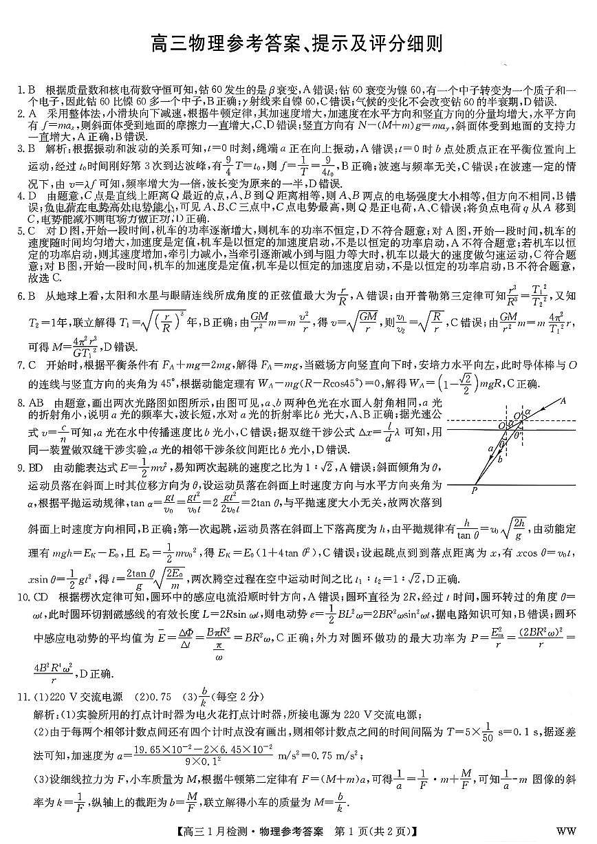 2026届九师联盟高三1月质检物理答案第1页