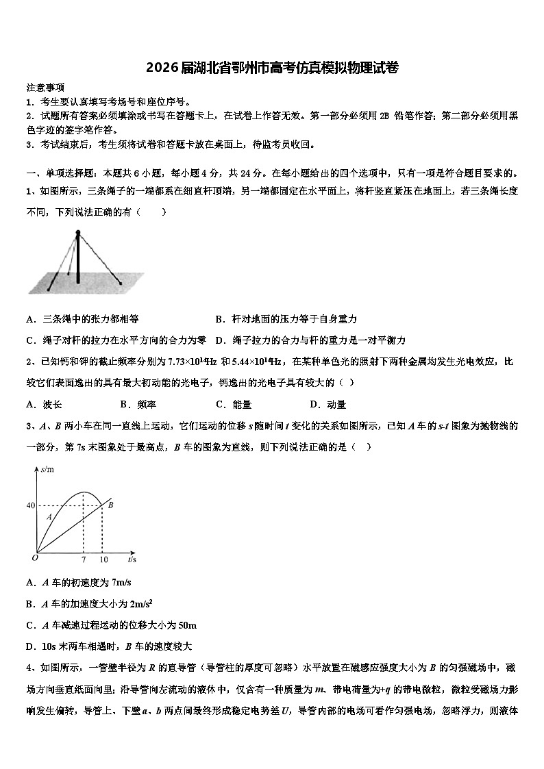 2026届湖北省鄂州市高考仿真模拟物理试卷含解析第1页