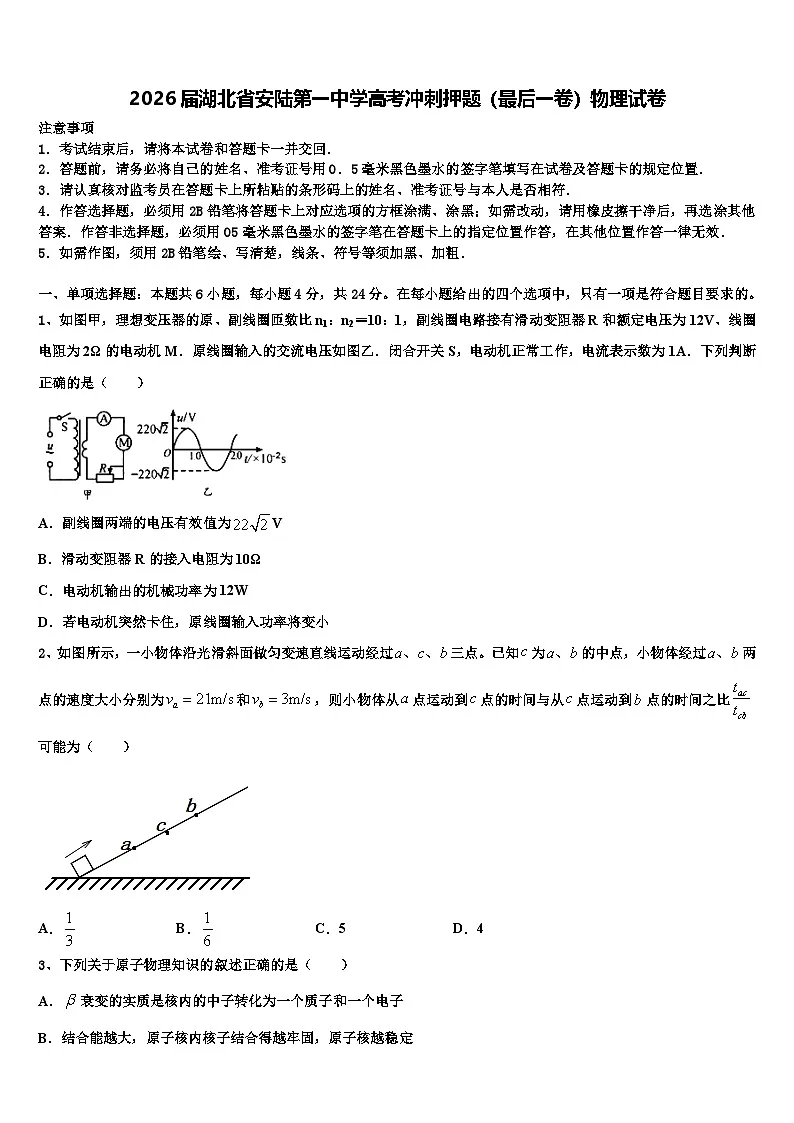 2026届湖北省安陆第一中学高考冲刺押题（最后一卷）物理试卷含解析第1页