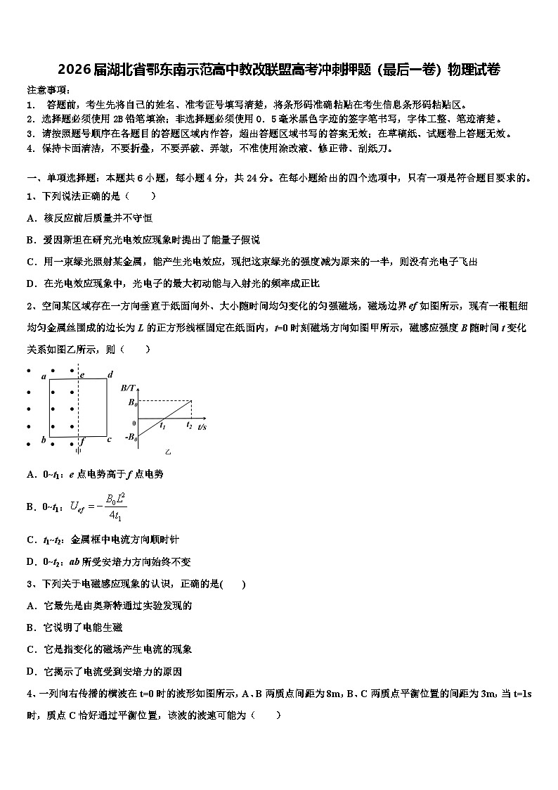 2026届湖北省鄂东南示范高中教改联盟高考冲刺押题（最后一卷）物理试卷含解析第1页