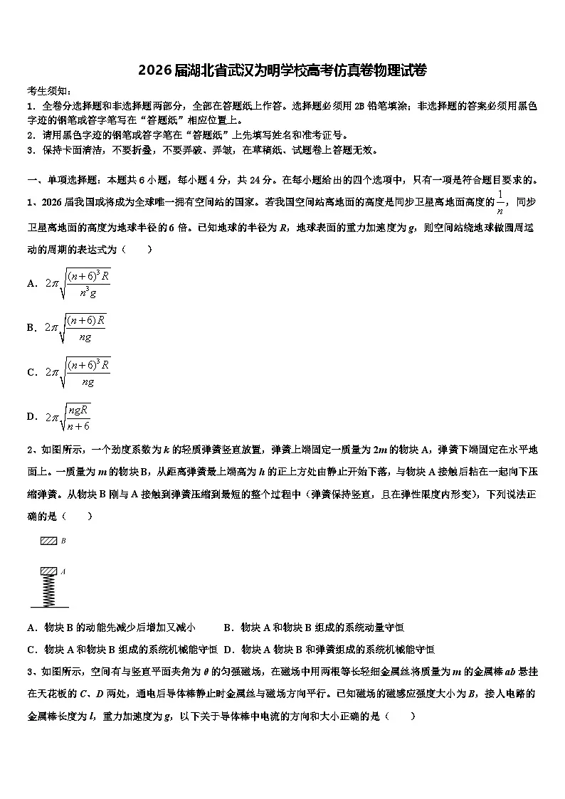 2026届湖北省武汉为明学校高考仿真卷物理试卷含解析第1页