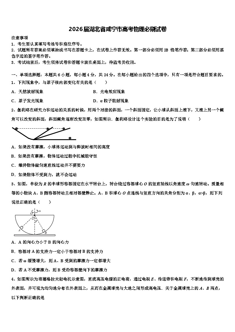 2026届湖北省咸宁市高考物理必刷试卷含解析(1)第1页