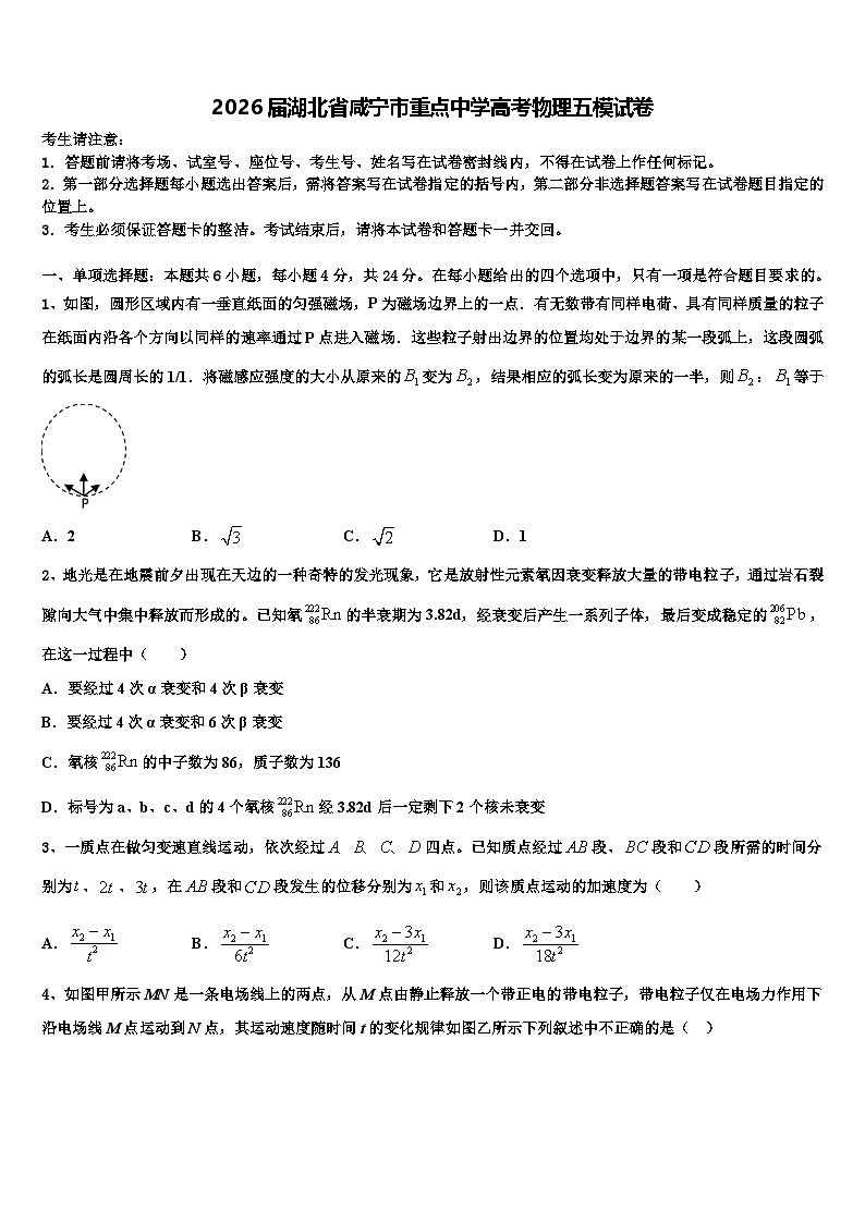 2026届湖北省咸宁市重点中学高考物理五模试卷含解析第1页