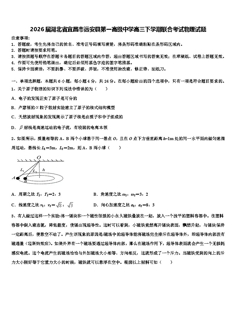 2026届湖北省宜昌市远安县第一高级中学高三下学期联合考试物理试题含解析第1页