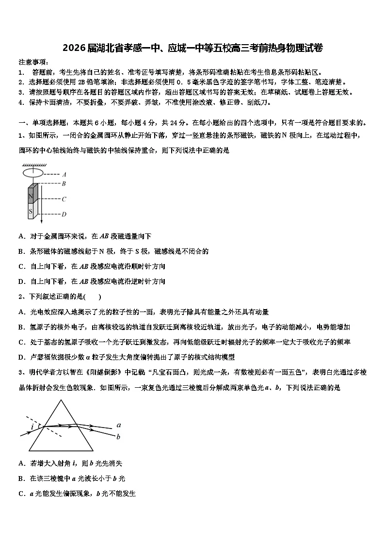 2026届湖北省孝感一中、应城一中等五校高三考前热身物理试卷含解析第1页
