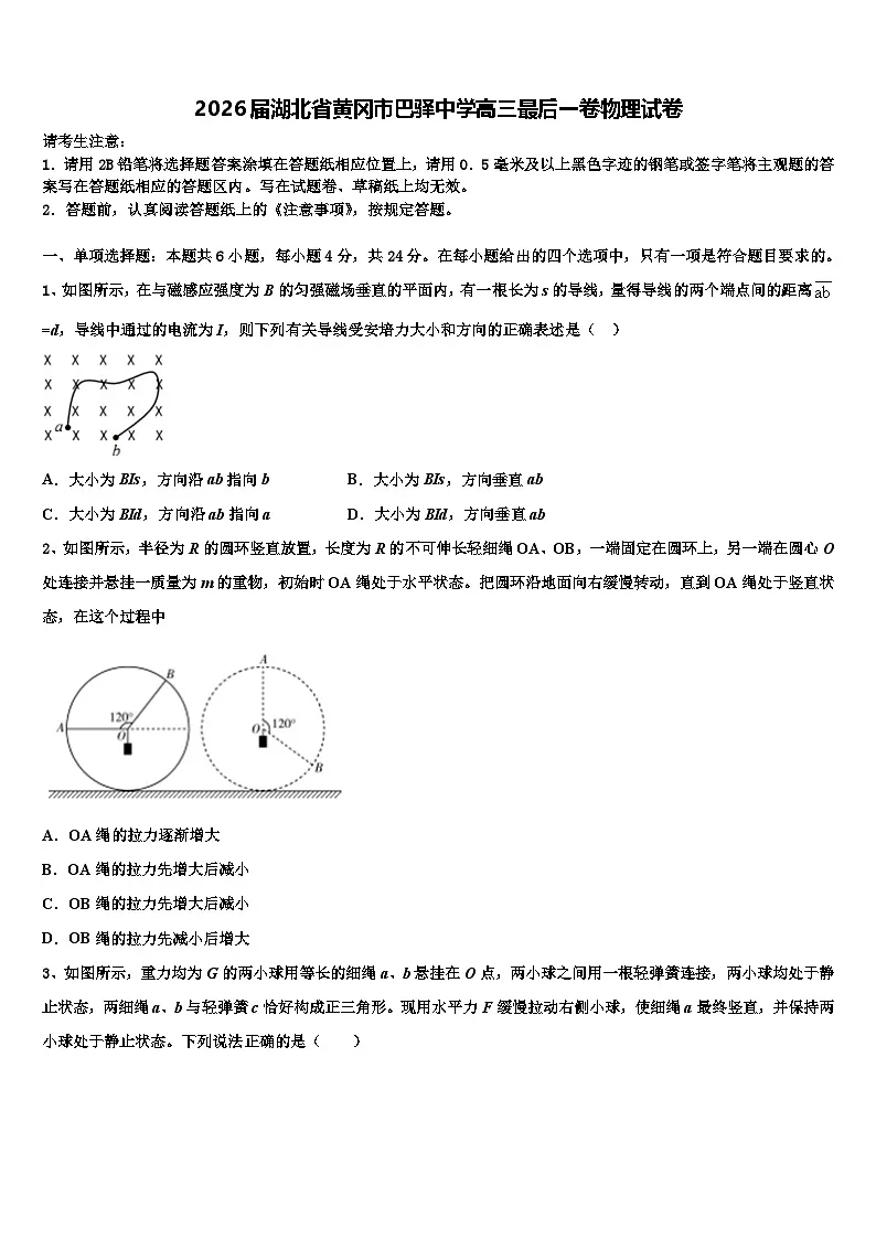 2026届湖北省黄冈市巴驿中学高三最后一卷物理试卷含解析第1页
