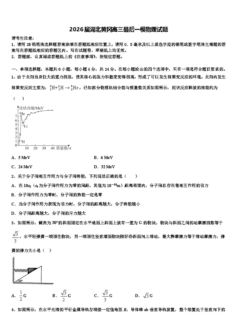 2026届湖北黄冈高三最后一模物理试题含解析第1页