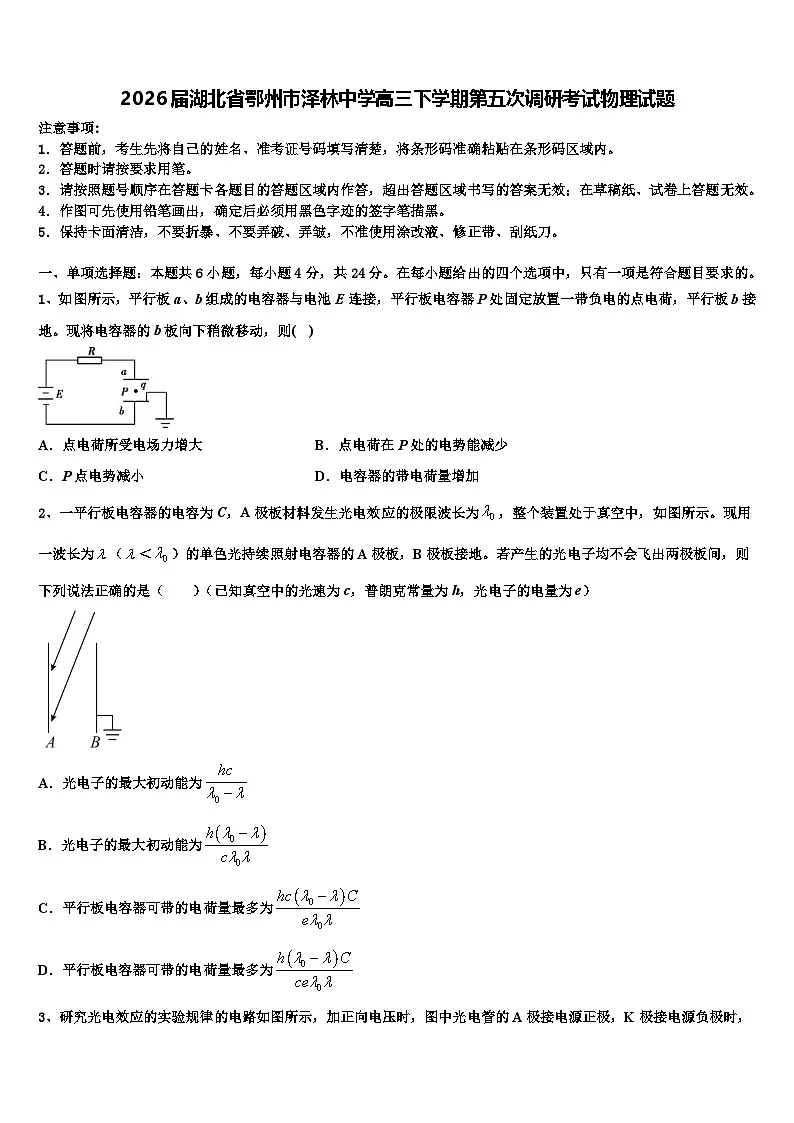 2026届湖北省鄂州市泽林中学高三下学期第五次调研考试物理试题含解析第1页