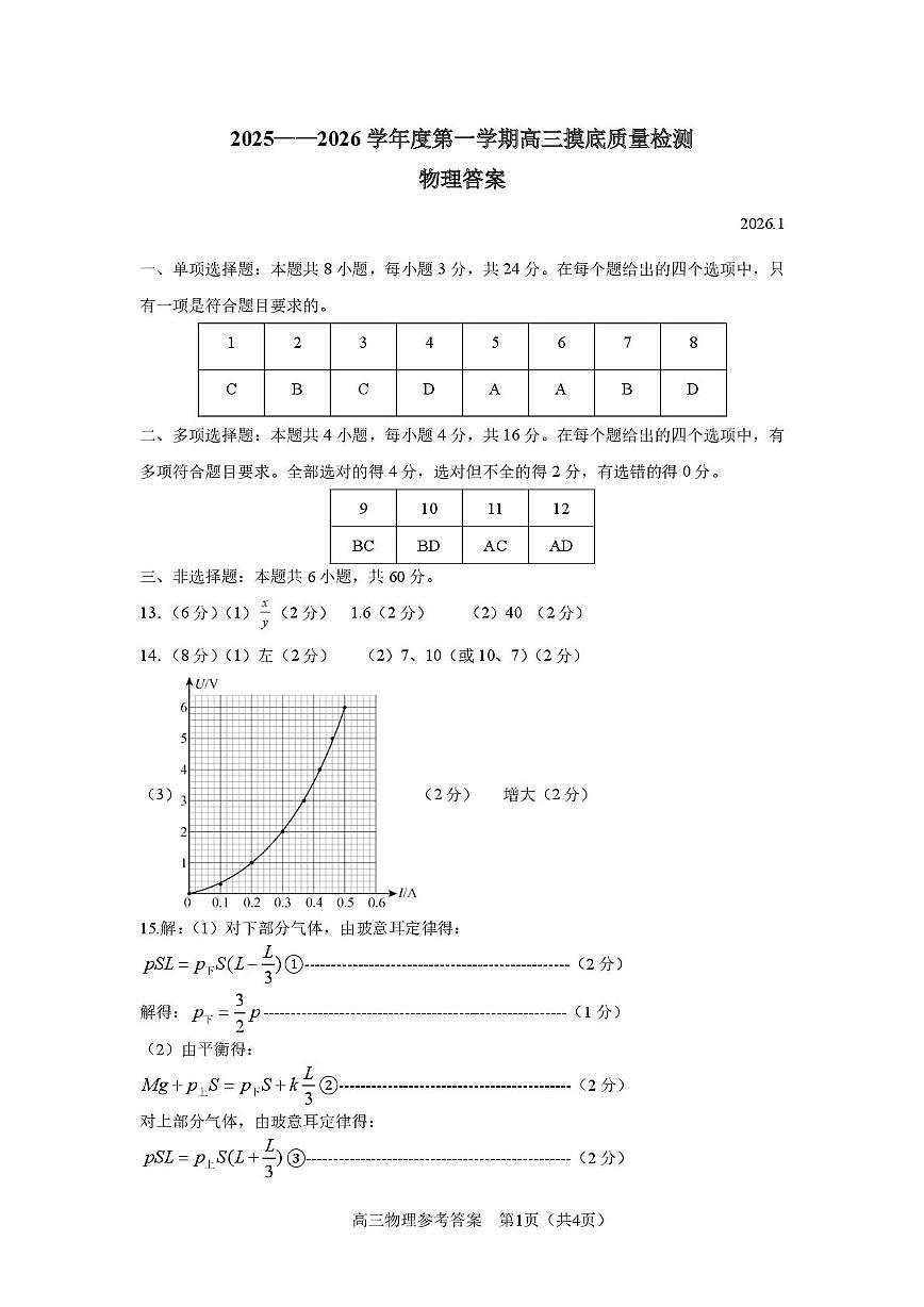 山东淄博2026届高三上学期1月期末物理答案第1页