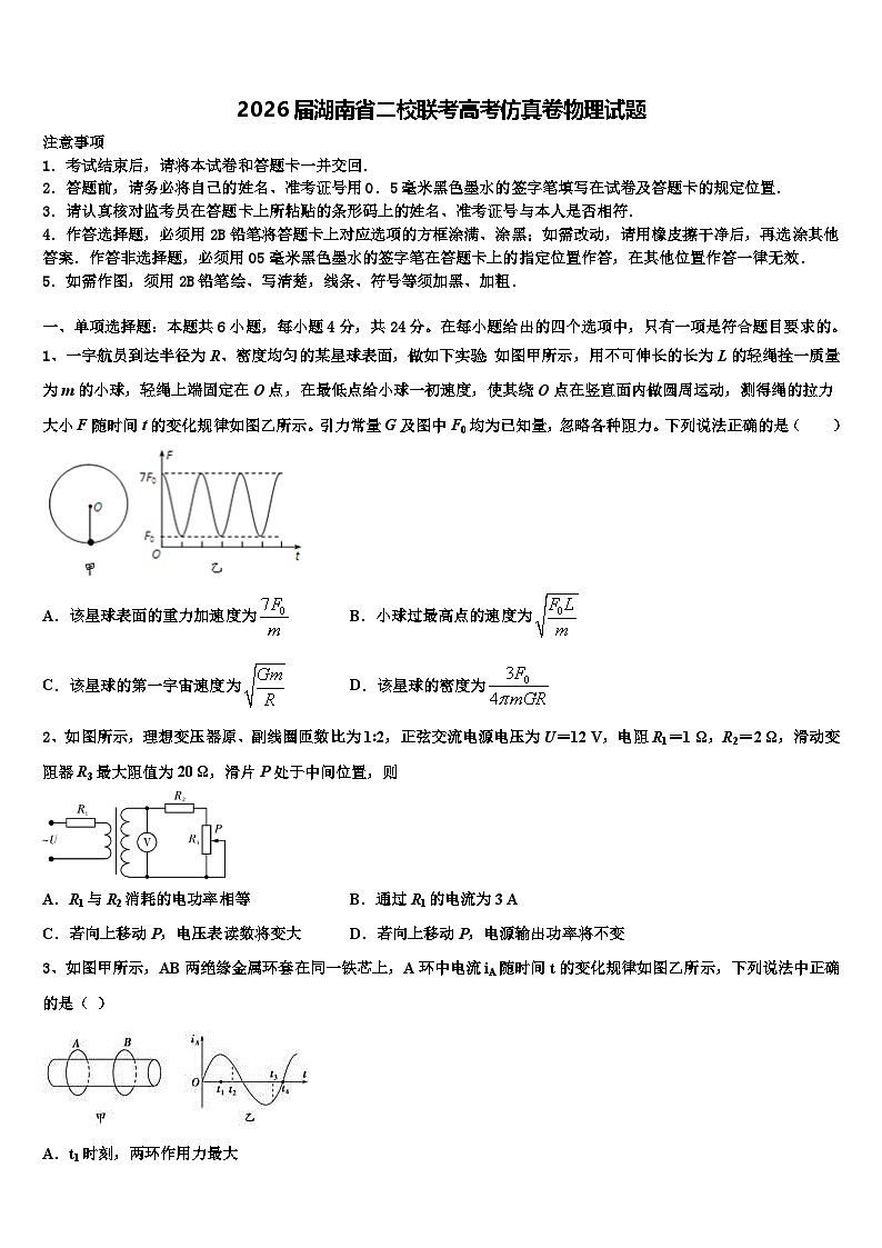 2026届湖南省二校联考高考仿真卷物理试题含解析第1页