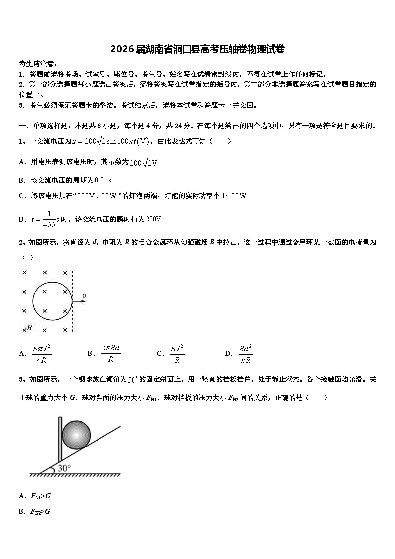 2026届湖南省洞口县高考压轴卷物理试卷含解析第1页