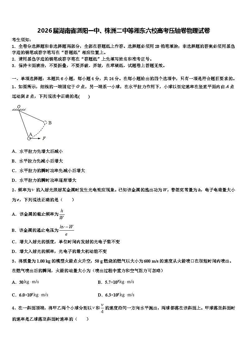 2026届湖南省浏阳一中、株洲二中等湘东六校高考压轴卷物理试卷含解析第1页