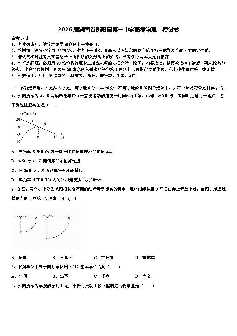2026届湖南省衡阳县第一中学高考物理二模试卷含解析第1页