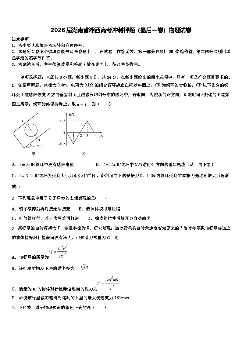 2026届湖南省湘西高考冲刺押题（最后一卷）物理试卷含解析第1页