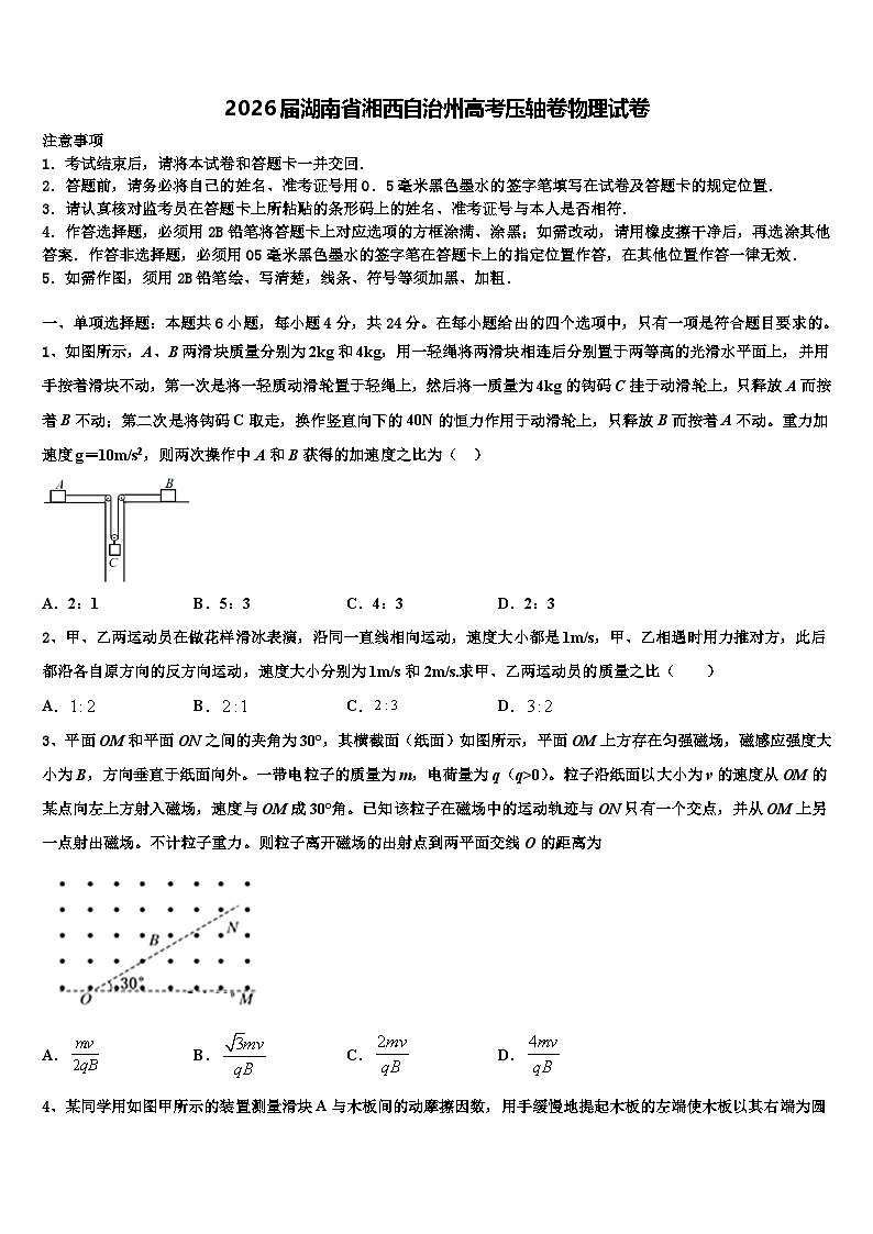 2026届湖南省湘西自治州高考压轴卷物理试卷含解析第1页