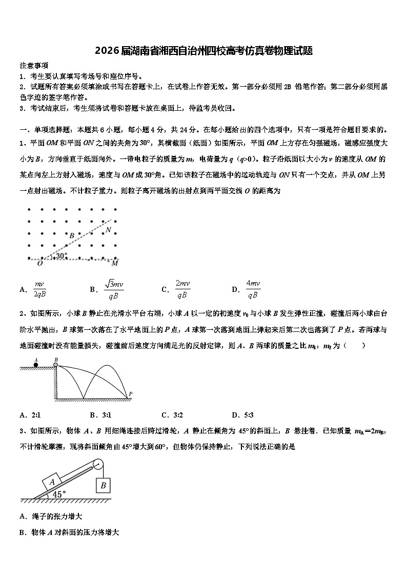 2026届湖南省湘西自治州四校高考仿真卷物理试题含解析第1页