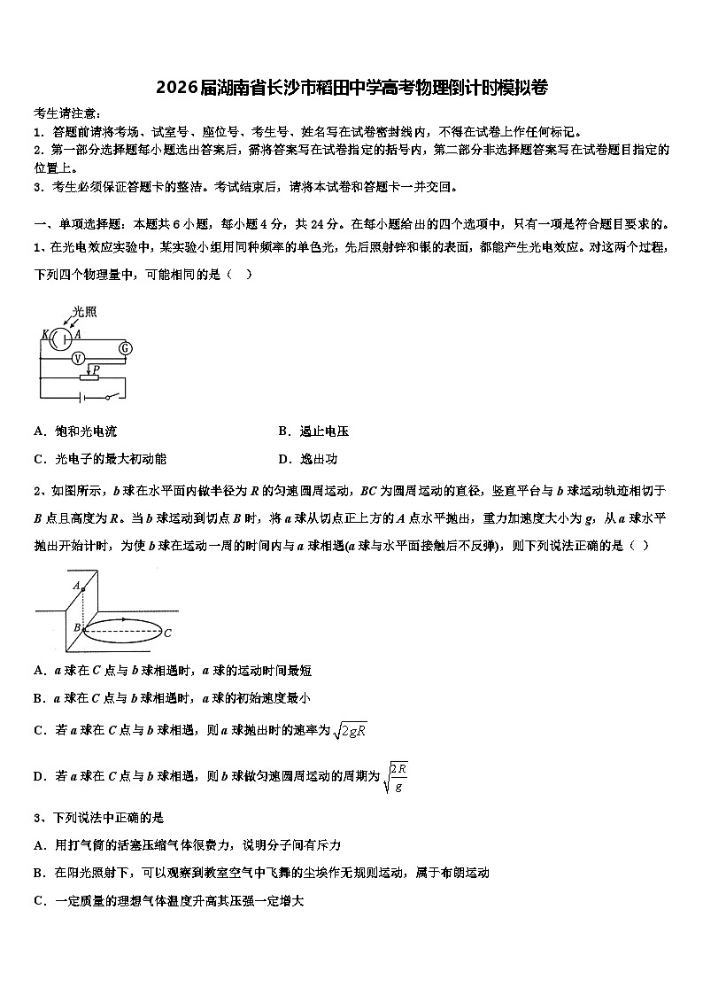 2026届湖南省长沙市稻田中学高考物理倒计时模拟卷含解析第1页