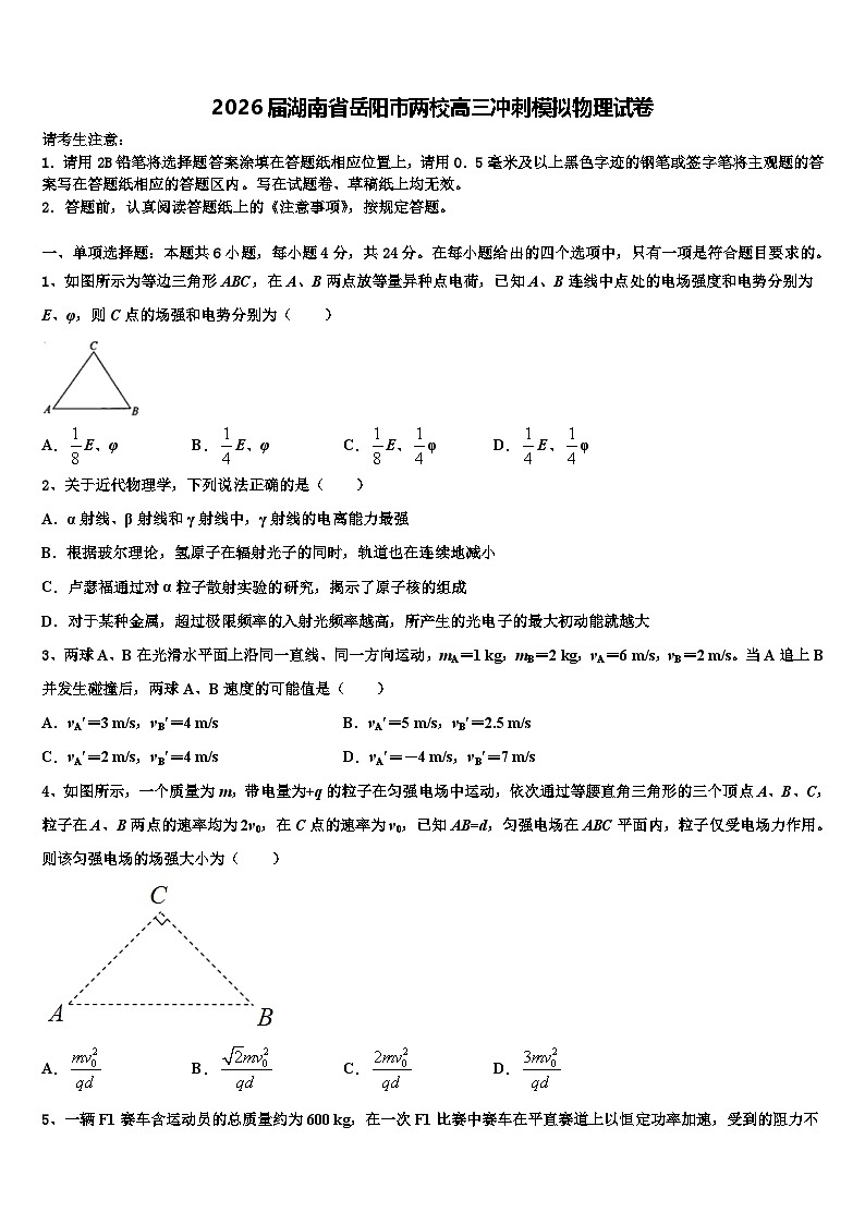 2026届湖南省岳阳市两校高三冲刺模拟物理试卷含解析第1页