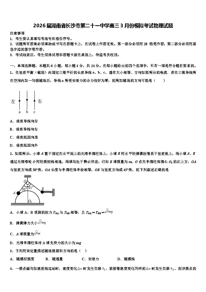 2026届湖南省长沙市第二十一中学高三3月份模拟考试物理试题含解析第1页