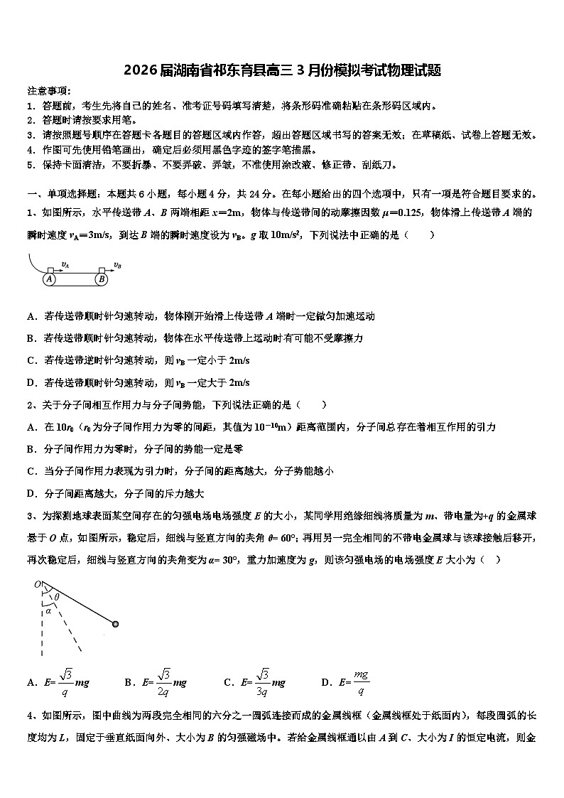 2026届湖南省祁东育县高三3月份模拟考试物理试题含解析第1页