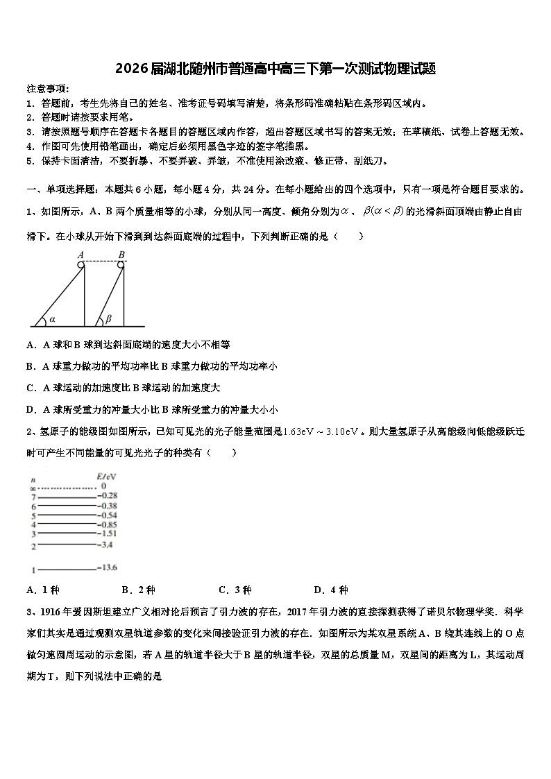 2026届湖北随州市普通高中高三下第一次测试物理试题含解析第1页