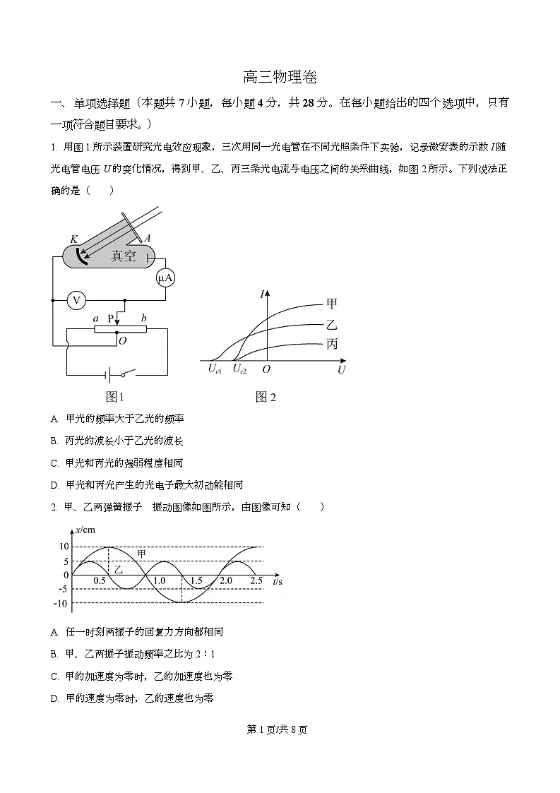 精品解析：2026届河北省沧州市十二校联考高三上学期一模物理试题（原卷版）第1页