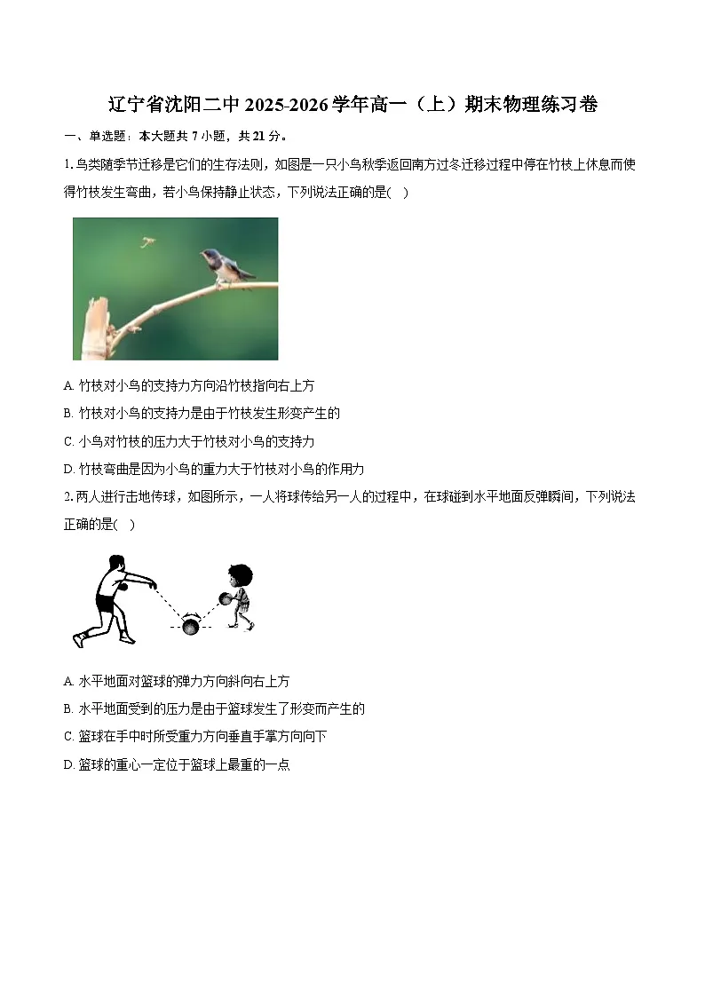 辽宁省沈阳二中2025-2026学年高一（上）期末物理练习卷（含答案+解析）第1页