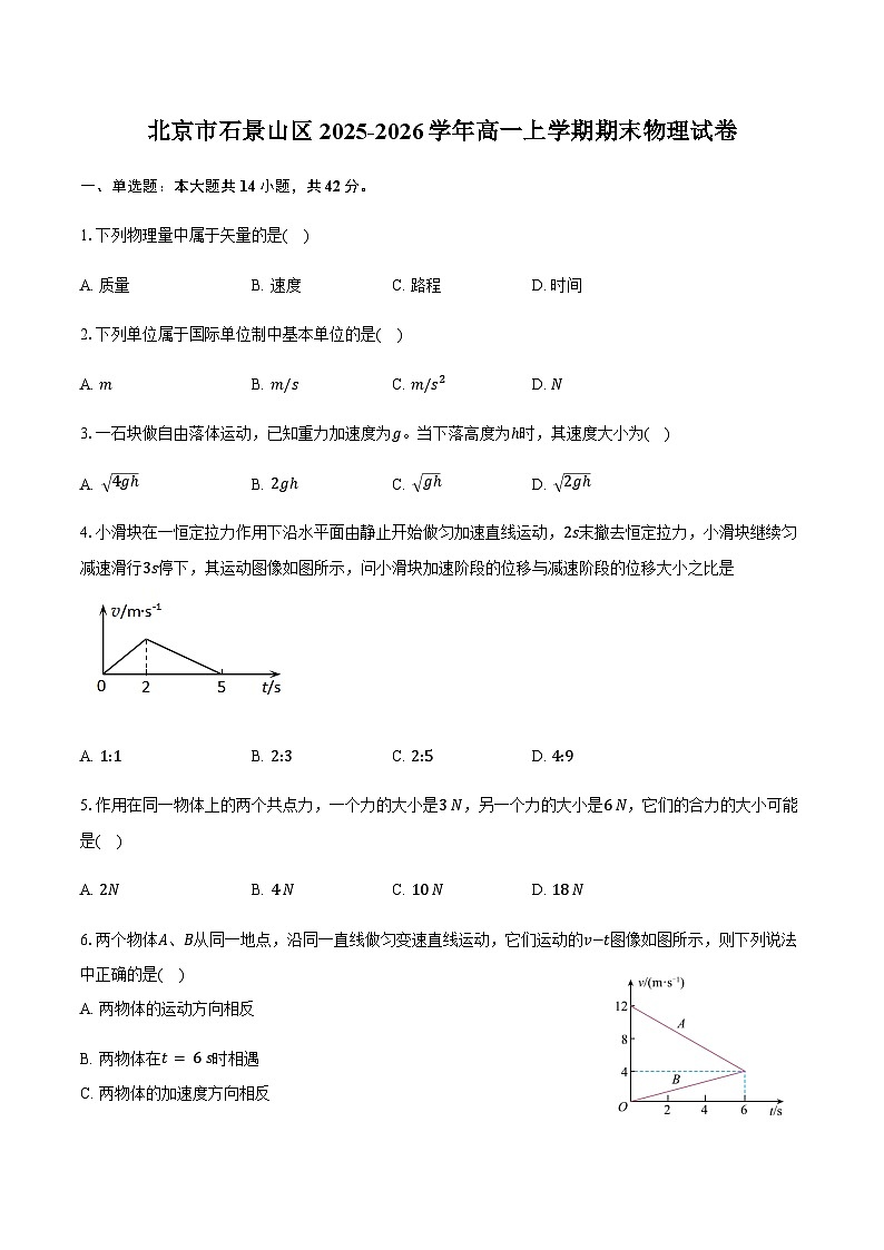 北京市石景山区2025-2026学年高一上学期期末物理试卷（含答案）第1页