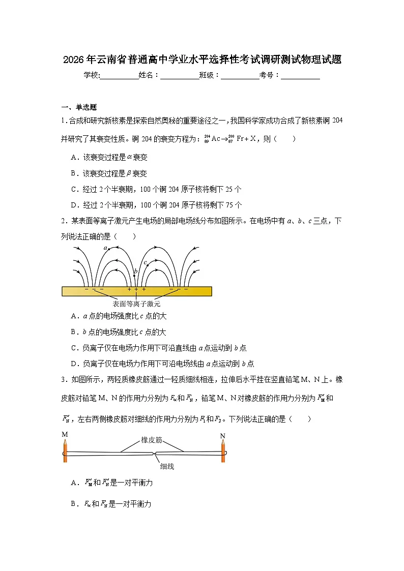 2026年云南省普通高中学业水平选择性考试调研测试物理试题（附答案解析）第1页