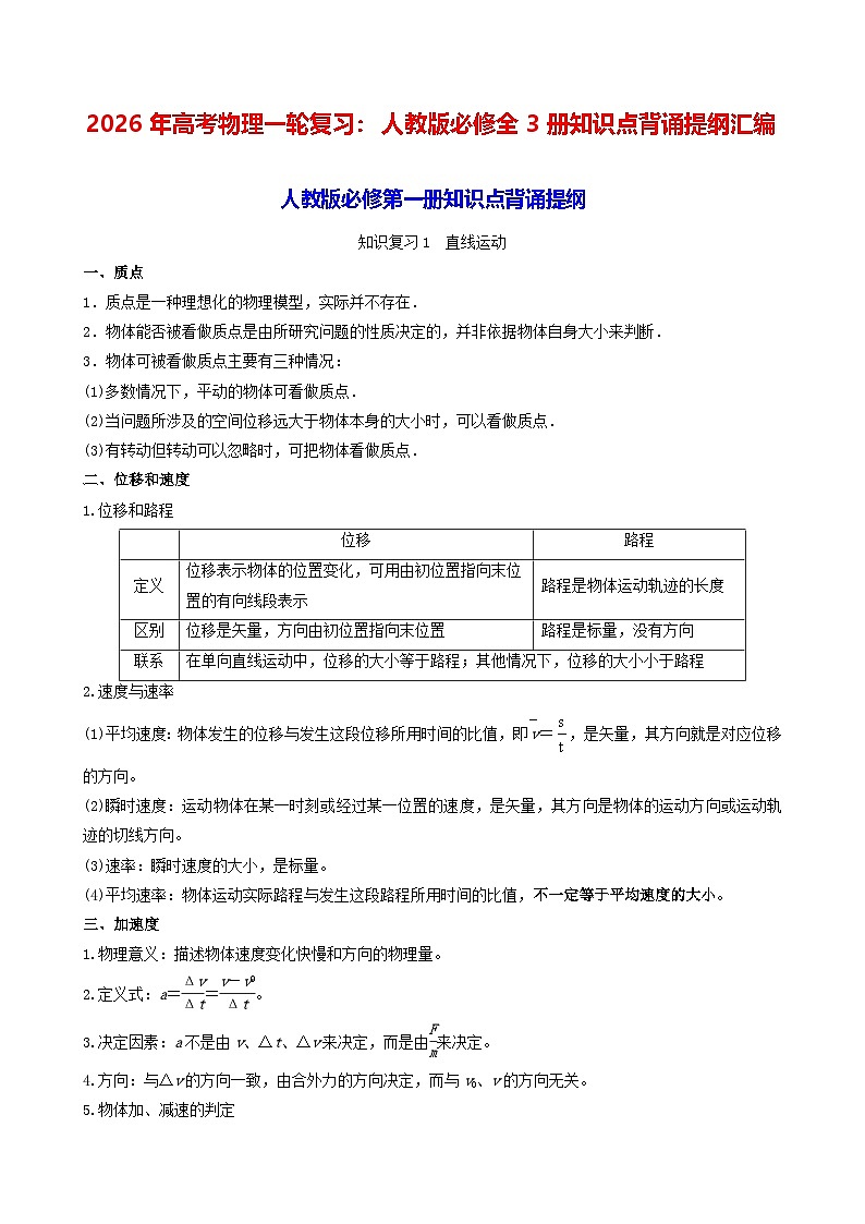 2026年高考物理一轮复习：人教版必修全3册知识点背诵提纲汇编 讲义第1页
