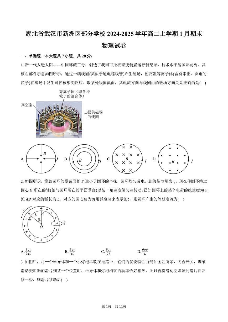 2024-2025学年湖北省武汉市新洲区部分学校高二上学期1月期末物理试卷（含答案）第1页