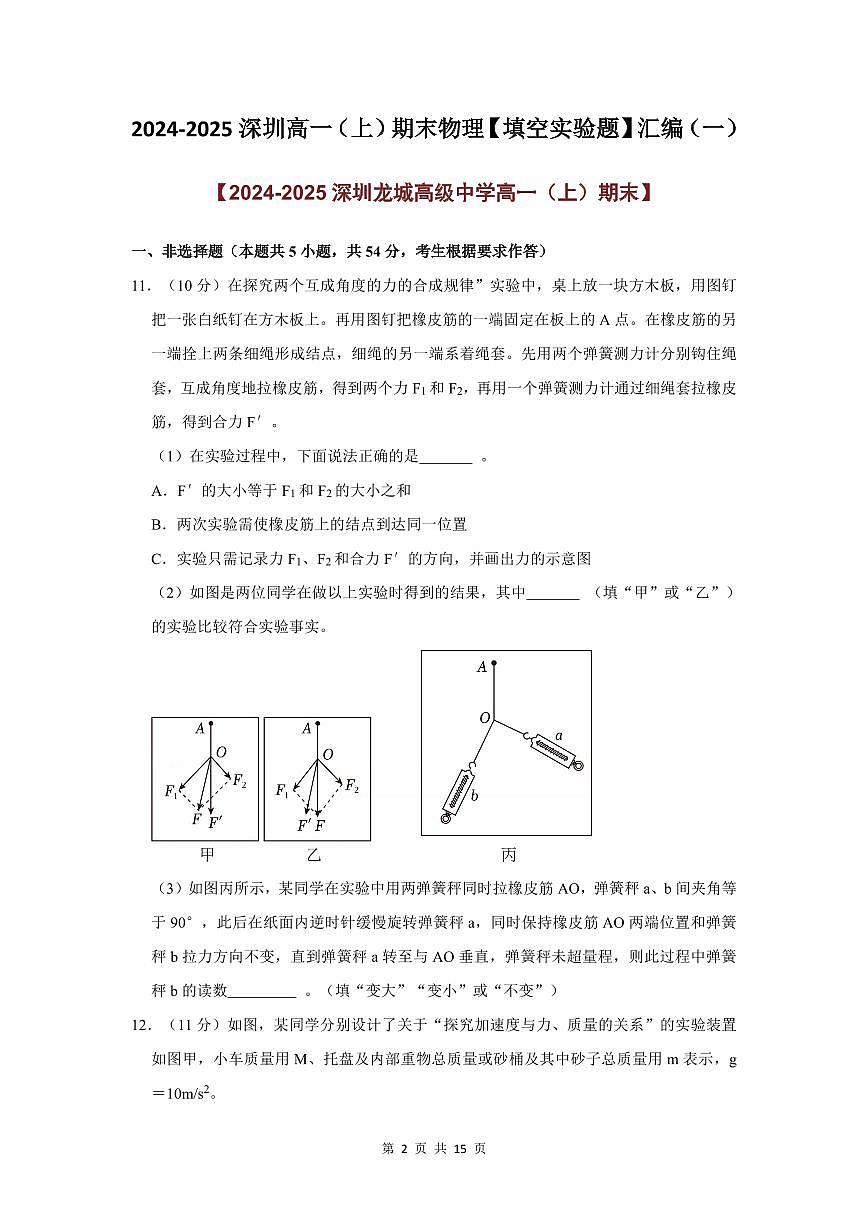2024-2025学年深圳高一(上)期末物理考试试卷填空实验题汇编（一）含答案第2页