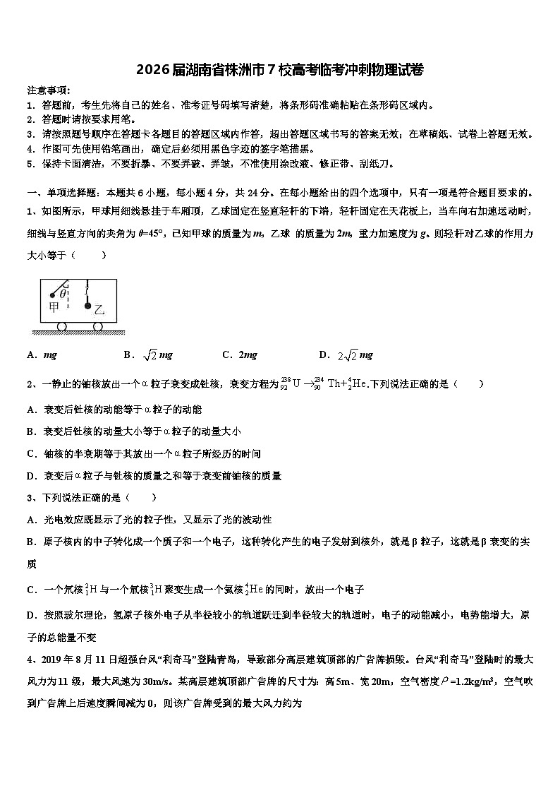 2026届湖南省株洲市7校高考临考冲刺物理试卷含解析第1页